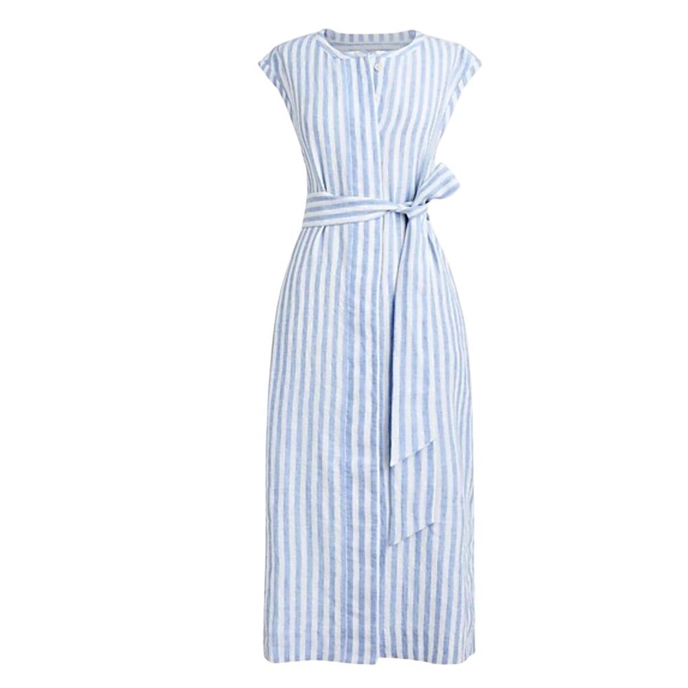 J. Crew | NWT Tie-waist Linen Shirtdress in White and Blue Stripe | Size Large